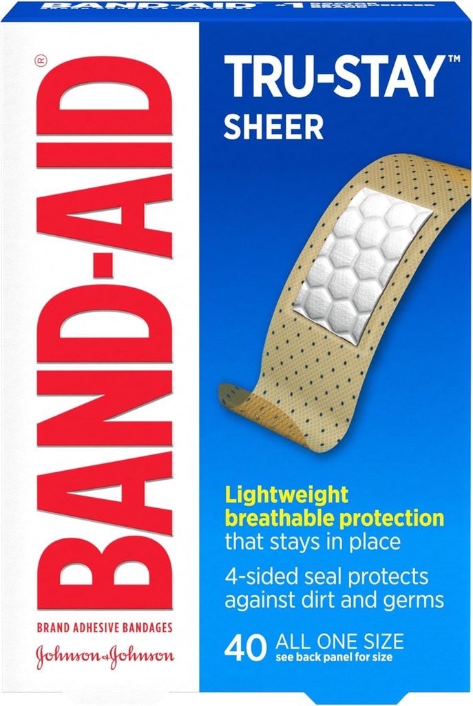 Band- Aid Brand Tru- Stay Sheer Strips Adhesive Sterilní Obvazy pro první pomoc & Wound Protection, Individuálně zabalené Obvazy Wound Care pro menší kusy & scraps, Všechny 1 velikost, 40 ct