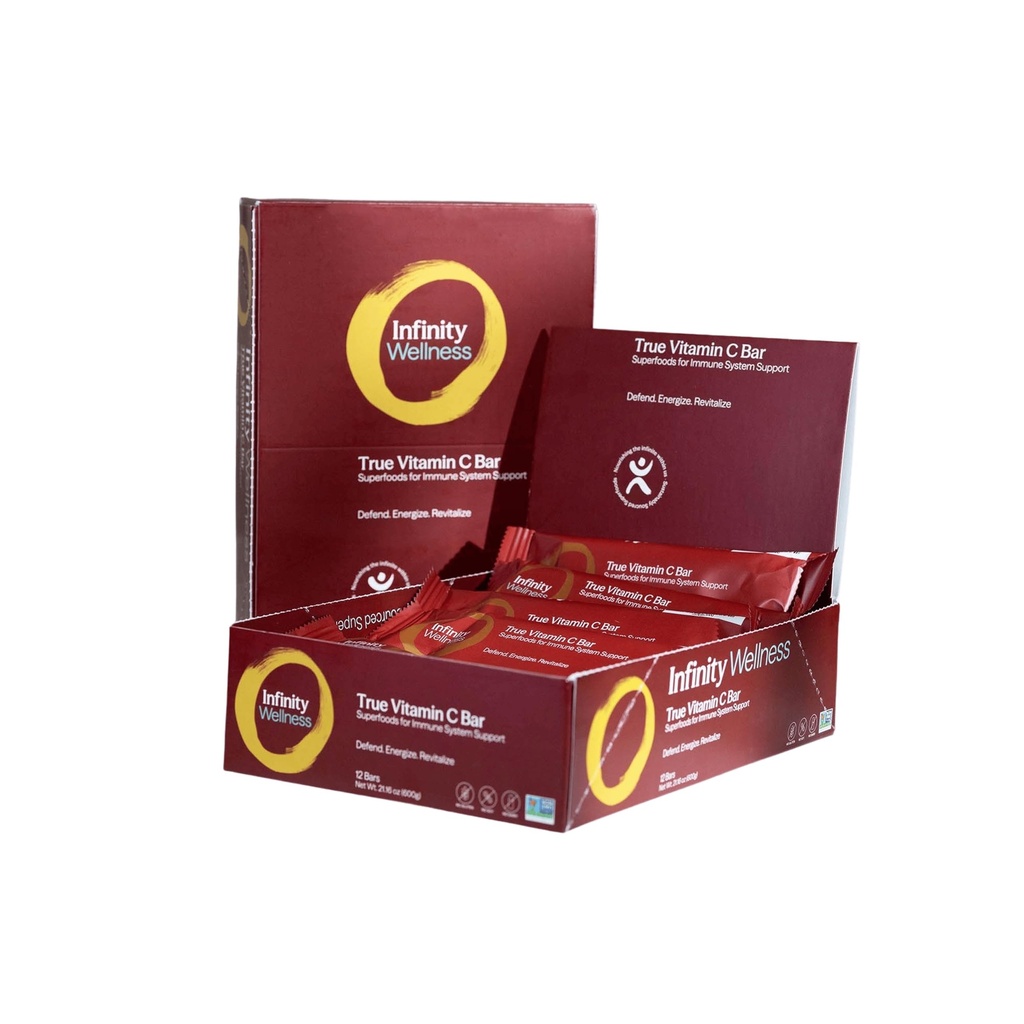 Infinity C Superfood Bary, Zdravá energie Bary s 1125 mg All Food Vitamin C, Imunite Booting Plant Based Ingredients, Camu Camu, Acerola, Amla Powder, & Shilajit, Raw, Gluten Free, Non GMO