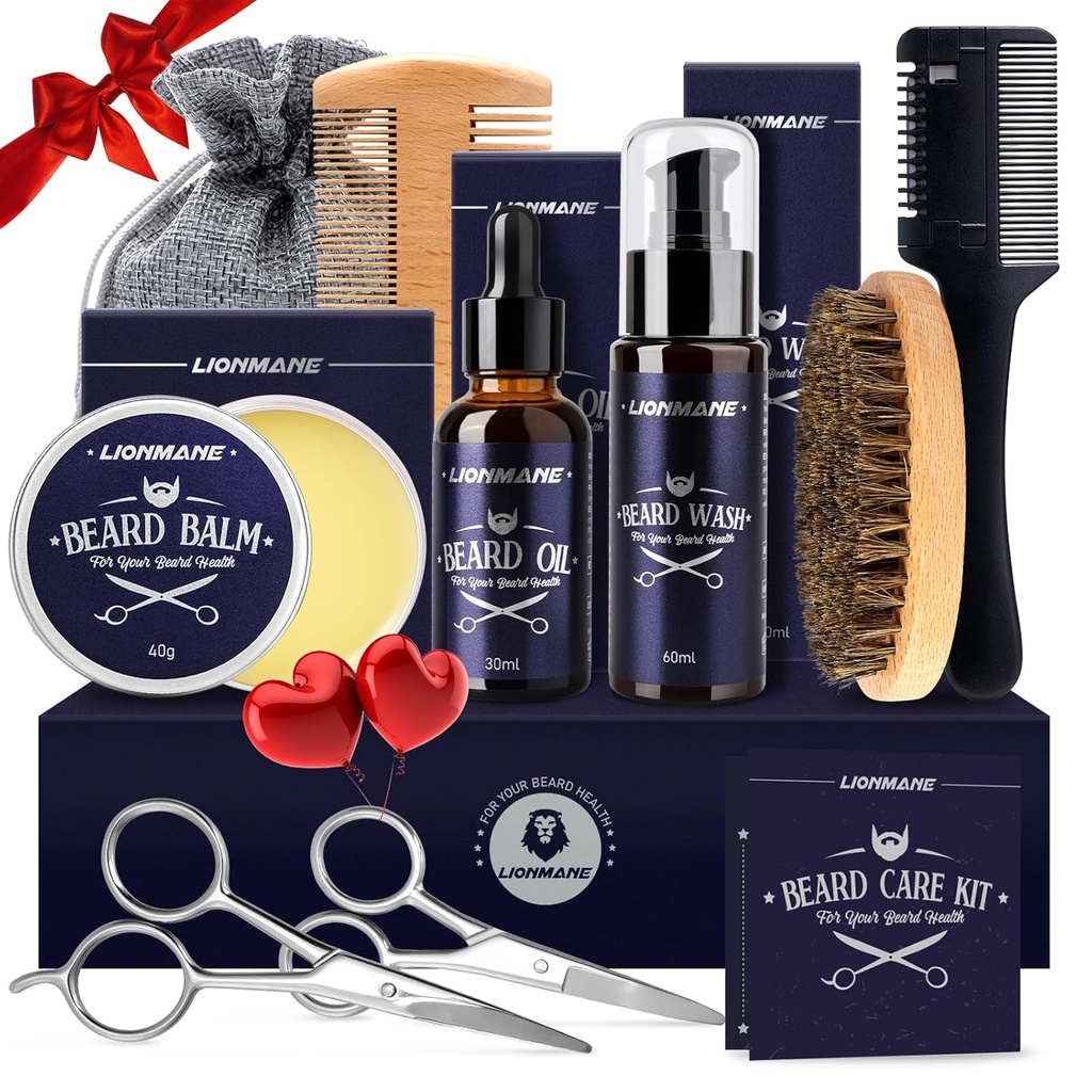 Lionmane Beard Péče Vánoční dárky Kit pro muže, Beard Mustache Grooming Kit- Beard Balm, Vousy Wash, Beard Oil, Brush, Nůžky, Narozeninové Díkůvzdání dárky pro manžela / Přítel / Táta / On