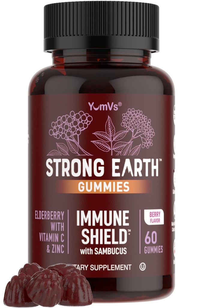 Silné pozemské bezinky - Sambucus Elderberry Imunitní podpora s vitaminem C & Zinek - Black Elderberry Gummies, Berry Flavor, Non- GMO, Lepek zdarma, Kosher - 60 Počet
