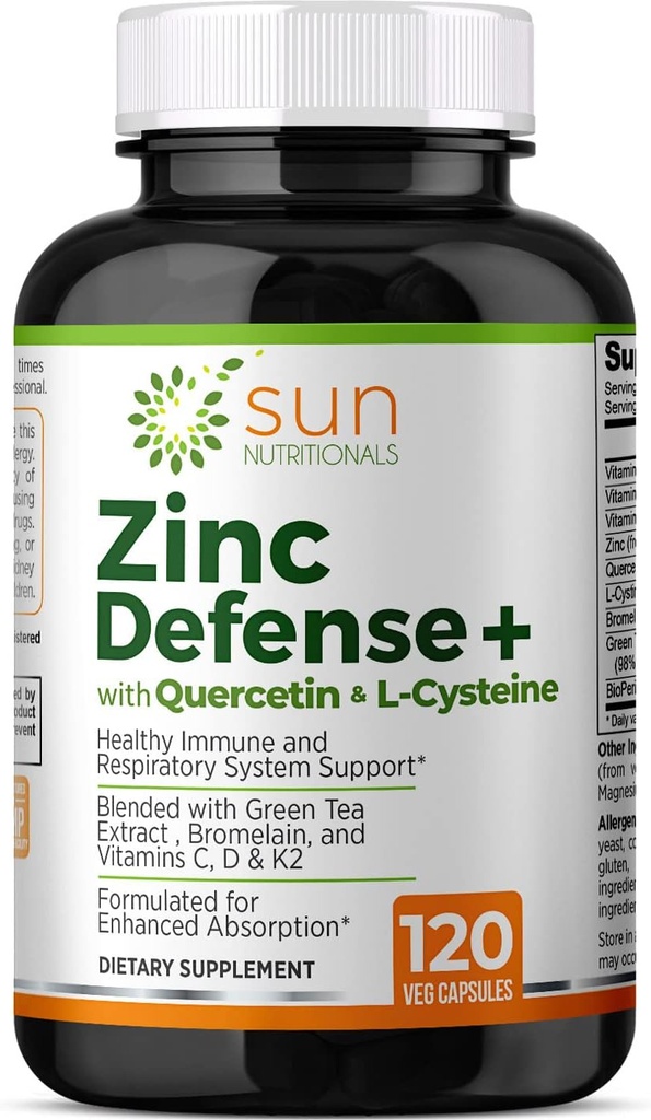 Zinek Defense + s Quercetin, Bromelain, L-cystein, EGCG (Zelený čaj extrakt), Vitamíny C, D3 & K2, 2-Month Supply, 120 VCaps, Non-GMO, gluten zdarma