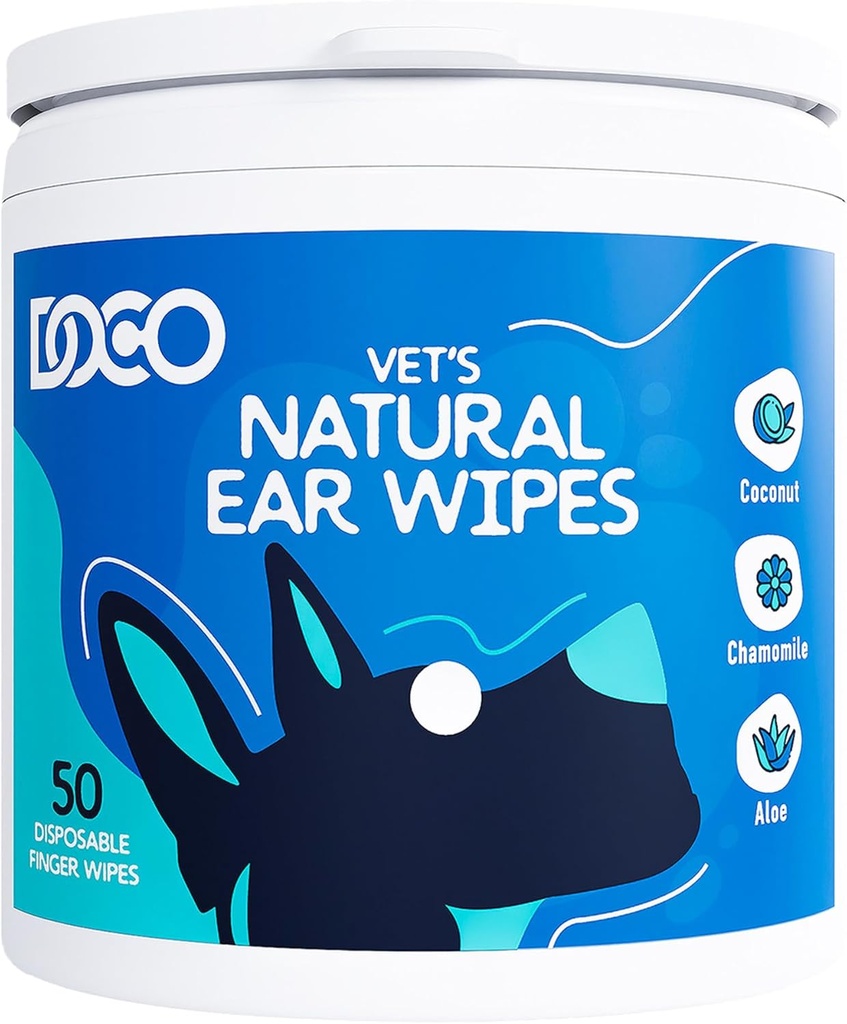 DOCO Dog Ear Cleaner Wipes Finger čistící sada pro psy a kočky Eucalyptus, Heřmánek a Aloe Cat Uar Cleaner Soothes, Deodorizuje a pomáhá Itchy Uší (50 Počet)