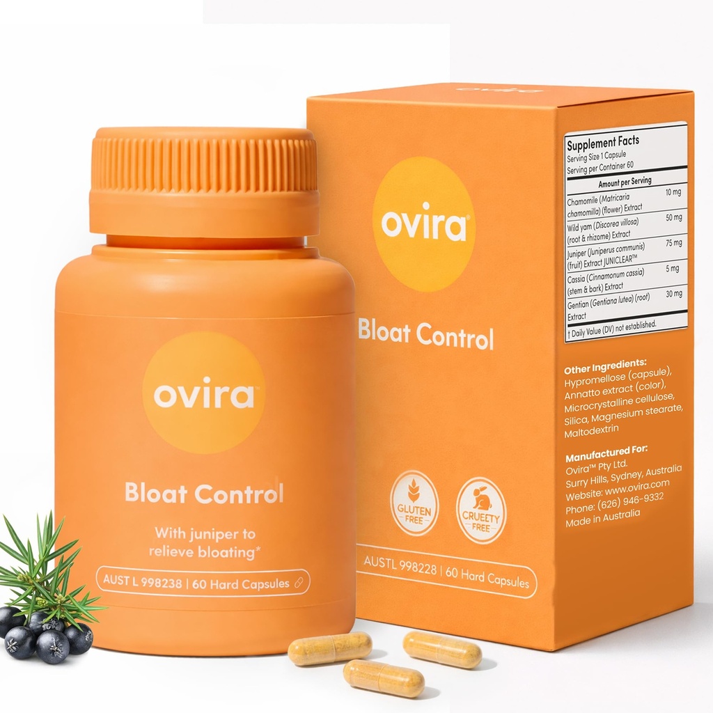Ovira Bloat Control Dodatek s JUNICLEAR - 60 Kapsle pro plyn a nadýmání Relief 124; Efektivní odblokování pro ženy a muže 124; Pomáhá zadržování vody & Promotes Digestivní zdraví - Balení 1