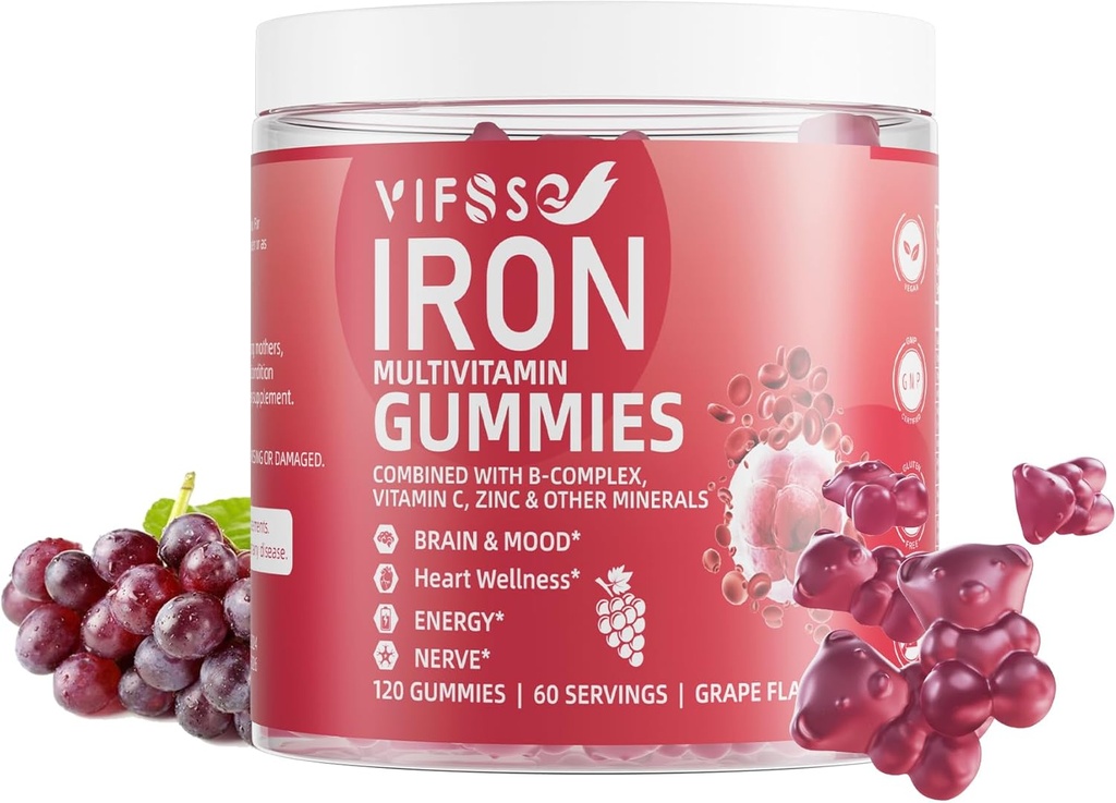 Železné gumy Sugar Free, 120 Gummies Železný dodatek pro ženy Multivitamin se železem, Vitamíny a zinek pro ženy, Muži & Děti - Grape Flavor, Veganský dodatek, Folát pro Energy- Ne po chuti