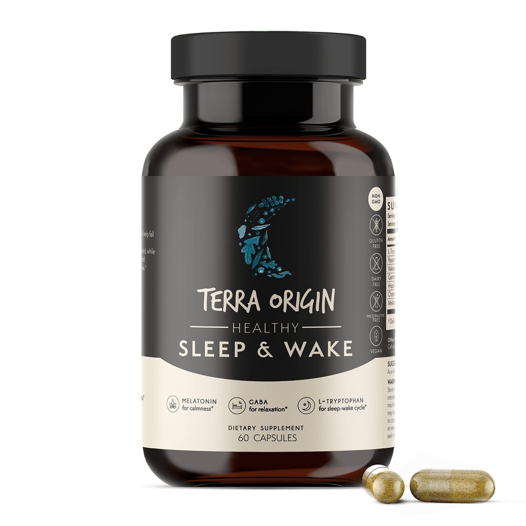 TERRA ORIGIN Zdravý spánek & Wake 124; Přírodní spánkový doplněk pro dospělé 124; Restful a probuzení Refreshed 124; GABA, L-Triptofan, Melatonin, Heřmánek, Valerian, PassionFlower 124; 60 Kapsle