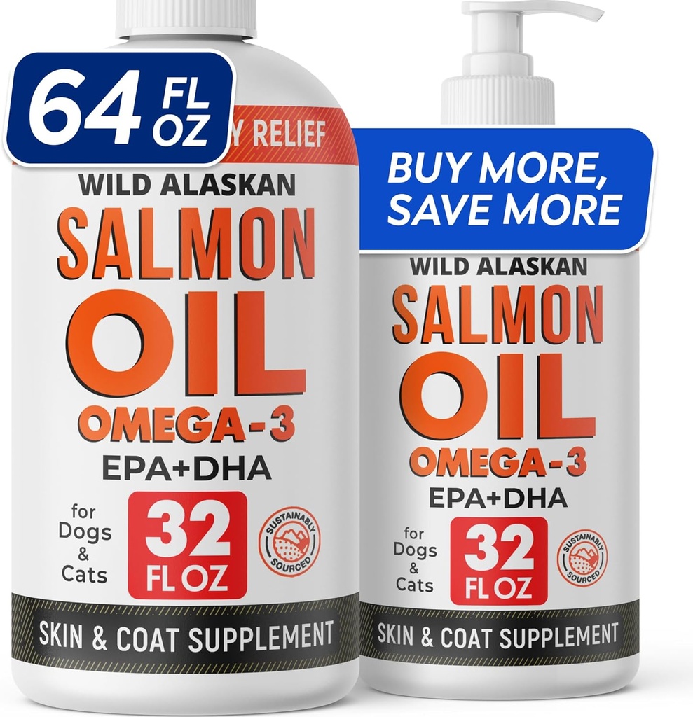 StrellaLab 64 OZ Salmon Oil pro psy - Omega 3 pro psy a kočky, Itch & alergie Relief, Wild Aljašský losos Oil Dogs kůže & Coat, Pes Fish Oil Liquid, Propouštěcí dodatek EPA & DHA Fatty Acids - 2Packs