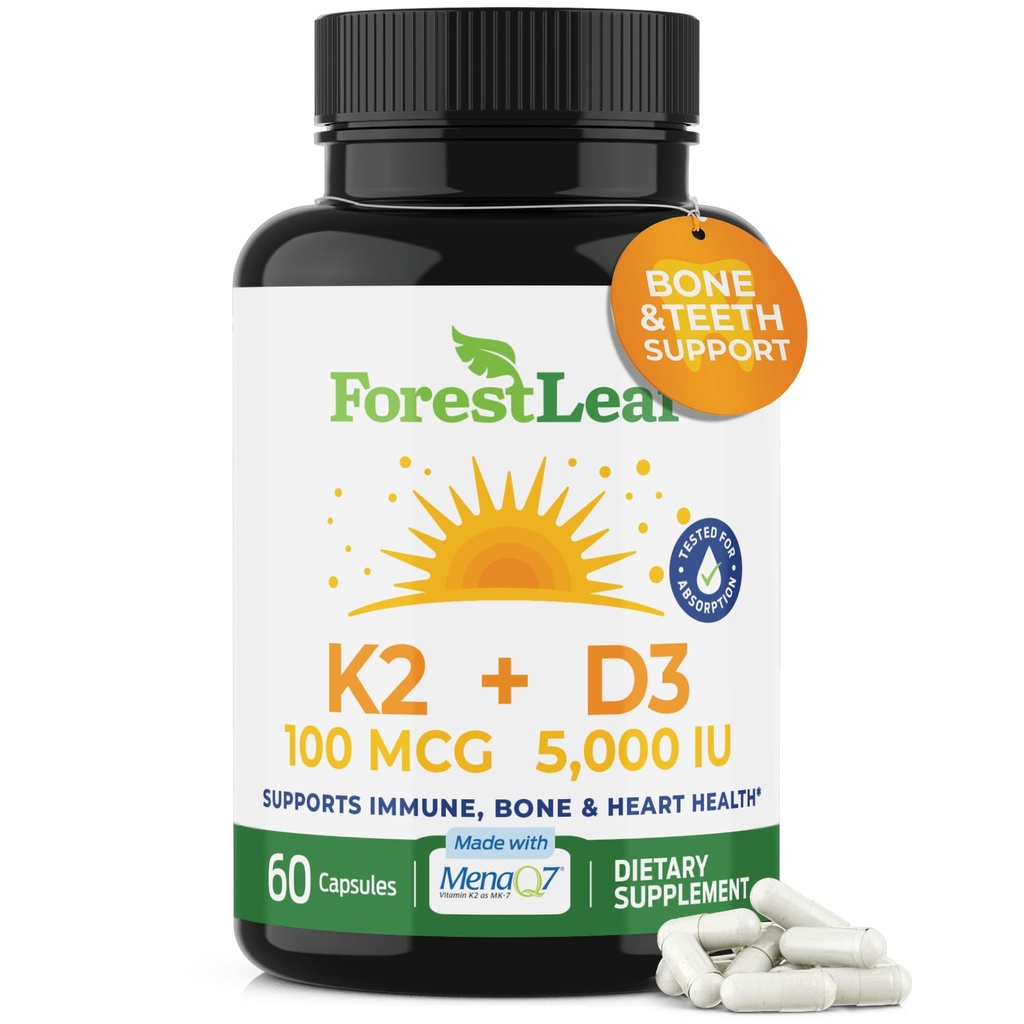 Doplněk k ForestLeaf Vitamin D3 + K2 (MK7) - MenaQ7 - Vápník a vitamin D3 5000 IU Max Absorpce - Síla zubů a kostí, Zdraví srdce, Podpora imunitního systému - 60 Veggie Kapsle