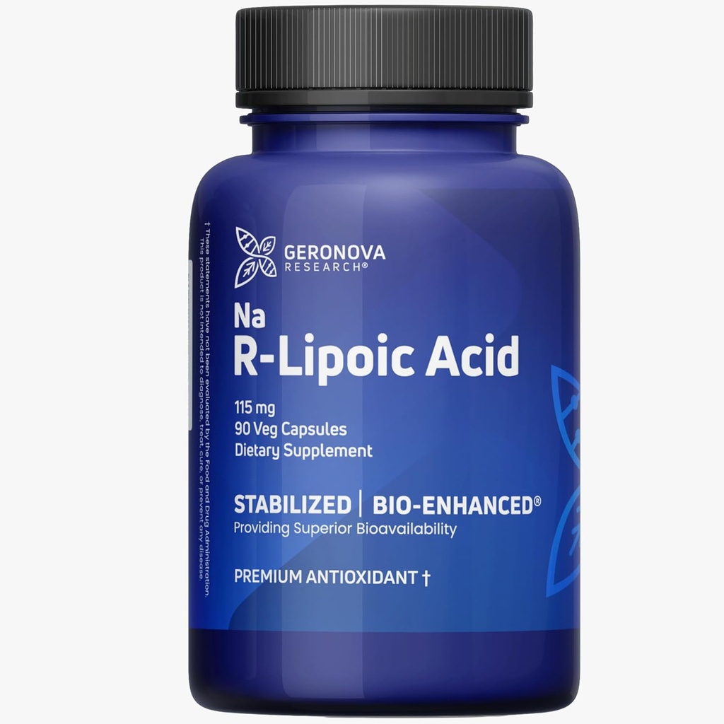 Geronova Research Bio- Enhanced R- Lipoic Acid, 115 mg Kapsle - 3 Měsíční zásoba - Stabilizované R Alpha Lipoic Acid s vylepšenou absorpcí - R Lipoic Acid Supplement - 90 Počet