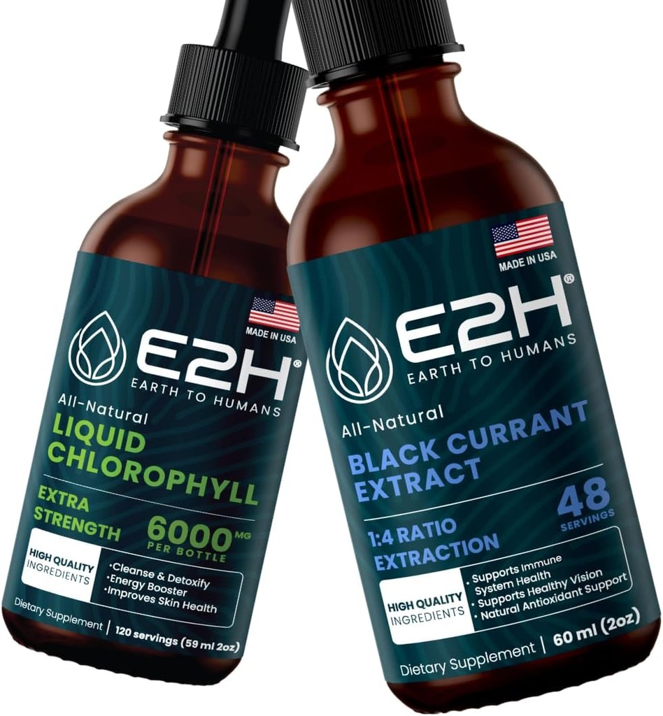 E2H: Liquid chlorofyl and Natural Black Currant Extract Côte 124; Vegan, Non- GMO - 2 Fl Oz Each (4 Fl Oz Total) - Bundle