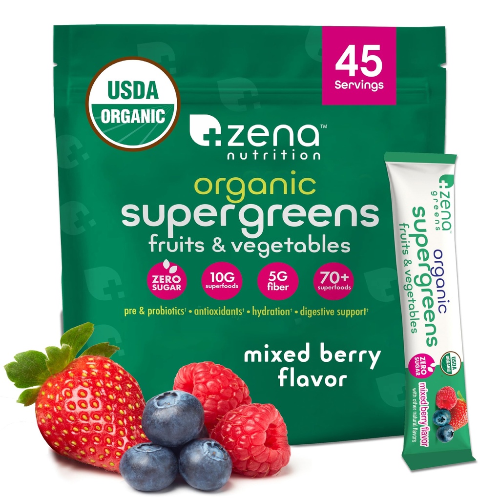 Zena Nutrition Organic Super Green Powder, 70 + Superfoods, 0 Cukr, 5G Fiber, Spirulina, Chlorella, Antioxidanty, Prebiotika / Probiotika, Digestive Enzymes, Smíšené Berry, 45 Drink Mix Packets