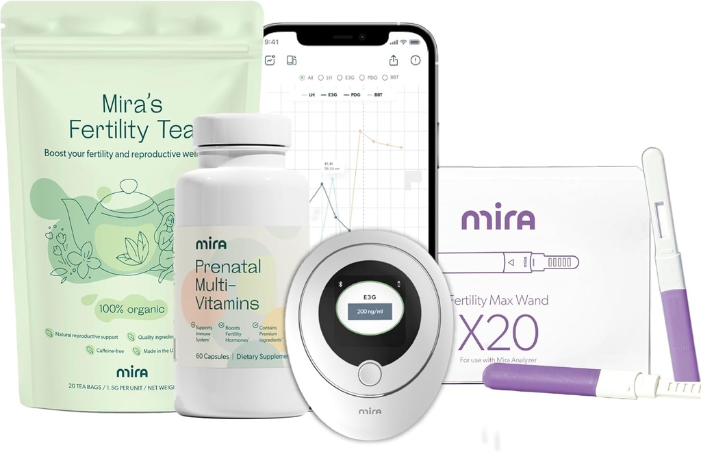 Mira těhotenské pouzdro pro snahu o početí, digitální plodnost a ovulace Kit s 20 Max Testovací hůlky, 1 láhev Mira Prenatal Multivitamins (60 Kapsle), & 1 pytel plodnosti čaj (20 Tea Bags)