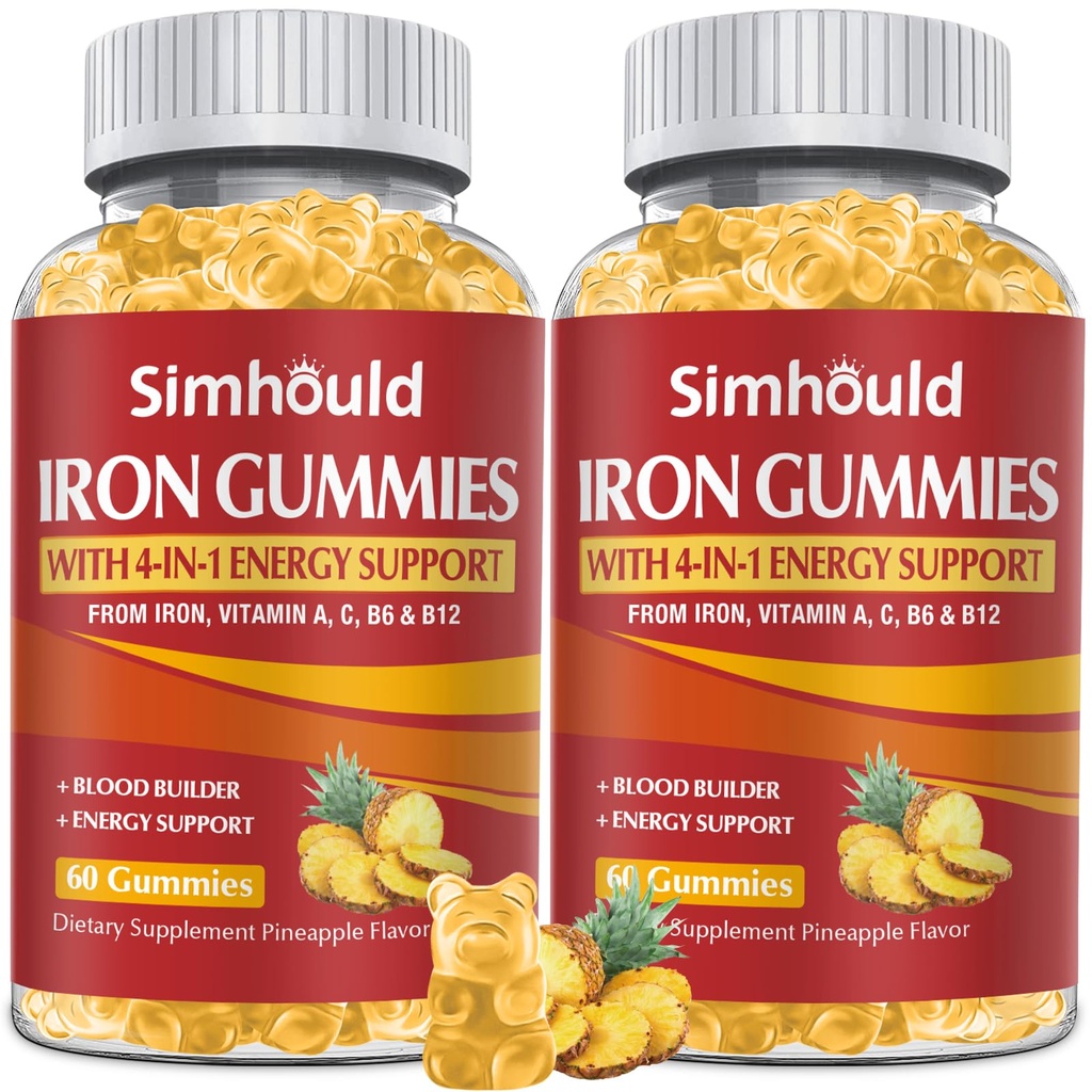 2 Pack Vegan 80MG Železné gumy pro ženy a muže - Vitamin A, C, B pro dospělé a děti - Krev & Builder & Energy Support for Iron Deficiency, Anémie, 120 Počítá ananasové flavor gumy