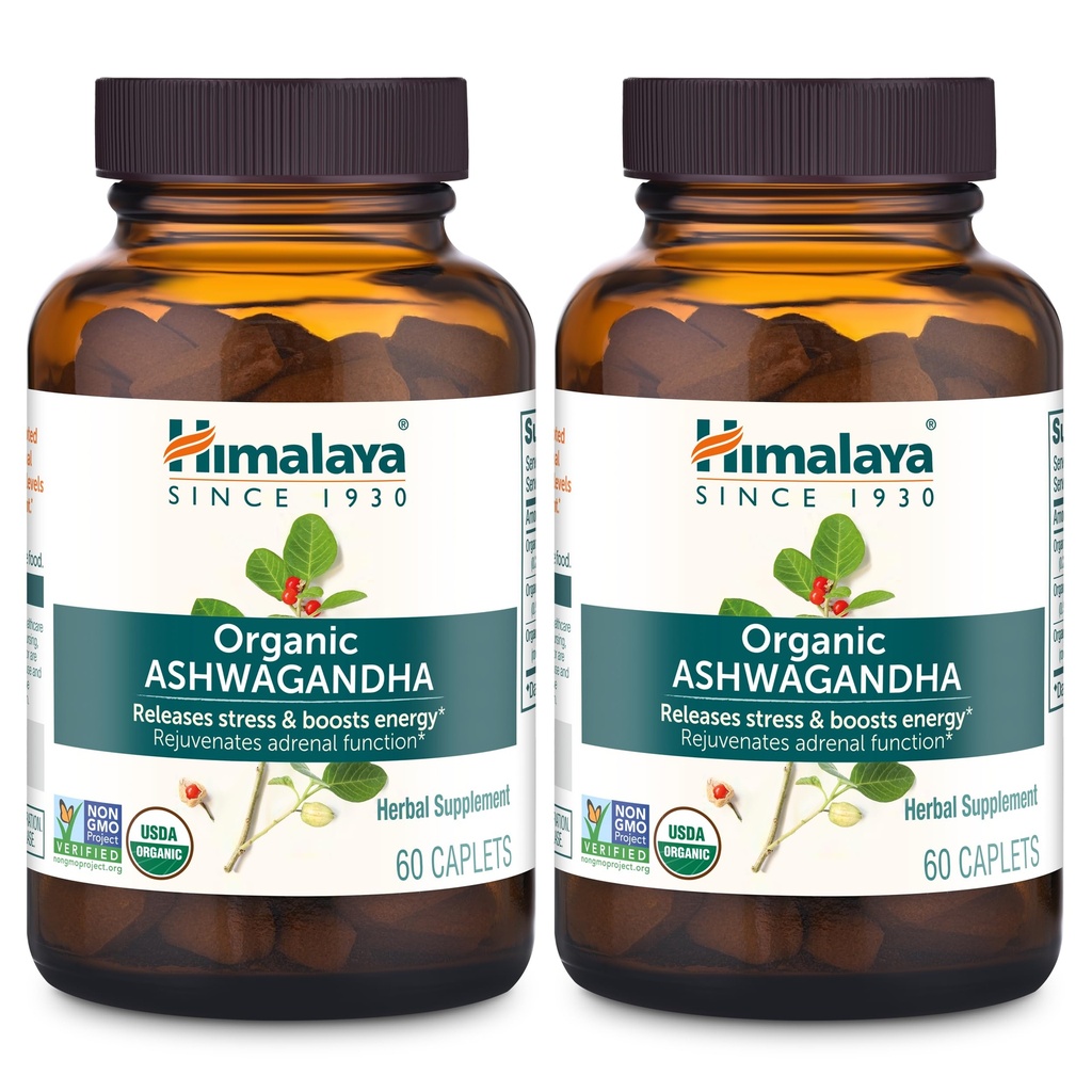 Himalaya Organic Ashwagandha, 120 Day Supply, Bylinný dodatek pro Stress Relief, Energy Support, Occasional Sleepless, USDA Organic, Non- GMO, Vegan, gluten Free, 670 mg, 60 Caplet, 2 Pack