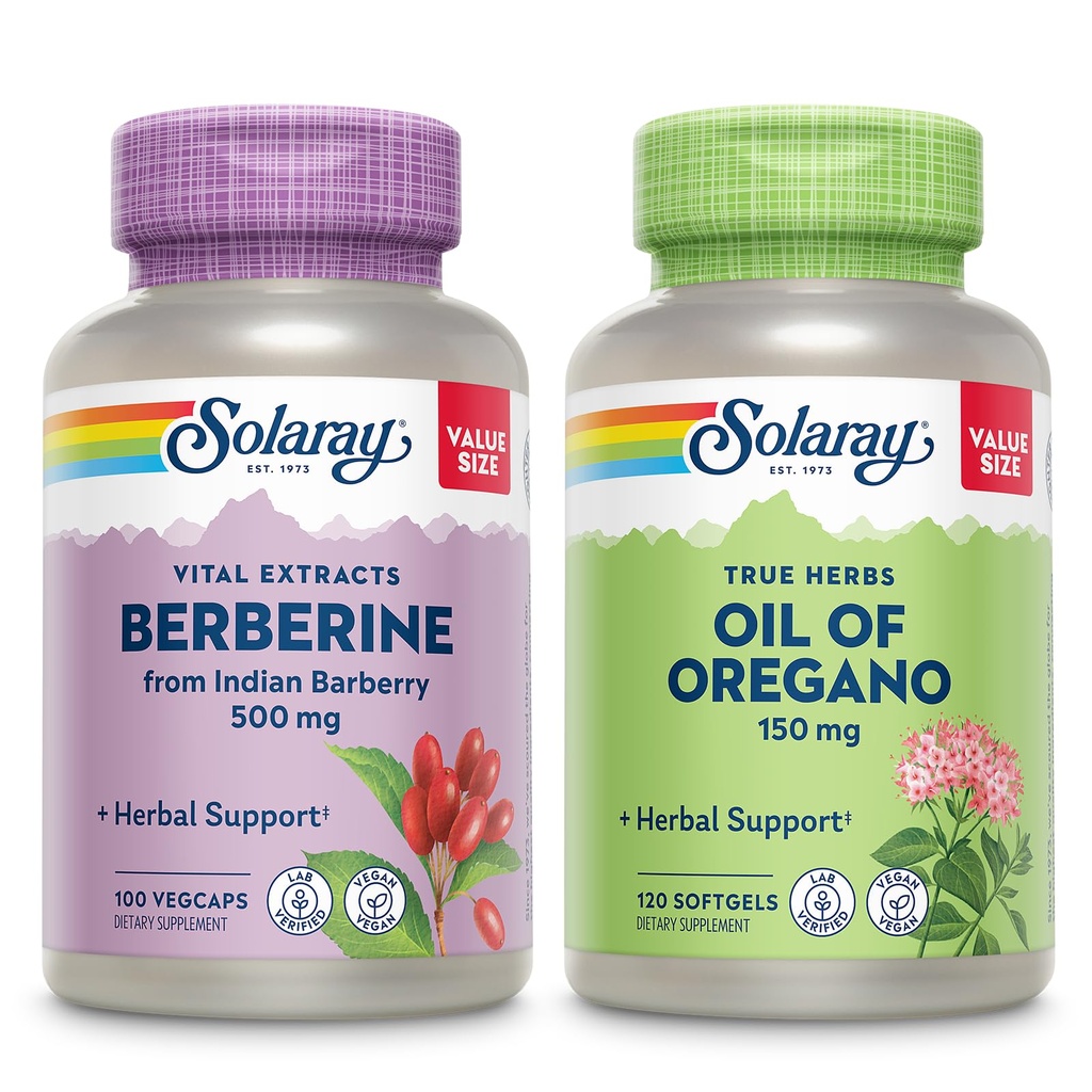 SOLARAY Berberine and Oil of Oregano Bundle - Berberine HCl z Indian Barberry Plus Oregano Oil Supplement for Powerful Wellness Support - 100 VegCaps / 120 Softgels