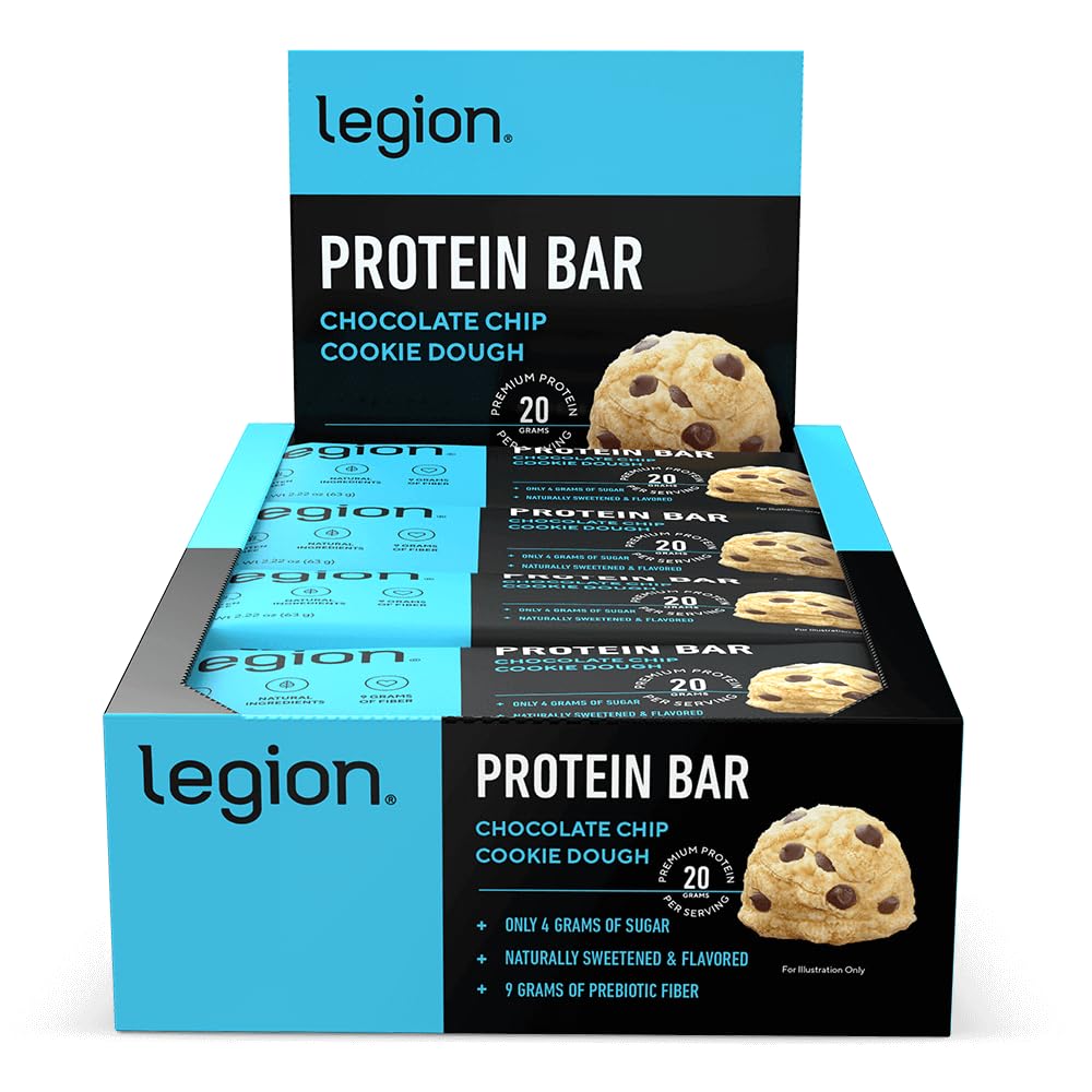 Legion Chocolate Chip Cookie Dough Protein Bar - 100% syrovátkové proteinové tyčinky s nízkým obsahem cukru High Protein s prebiotickým vláknem - Soy- Free, gluten Free, přirozeně ochucené, nízkotučné, vysoce proteinové tyčinky (12 Počet)