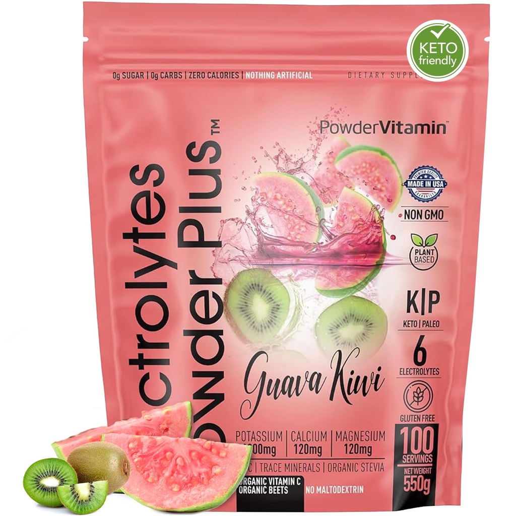 PowderVitamin Electrolytes Powder Plus (100 Servings) Guava Kiwi Electrolyte Powder, Zero Calorie, Keto, 0 Cukr, No Maltodextrin, 1000mg Draslík, 120mg vápník, 120mg hořčík, Hydratační prášek