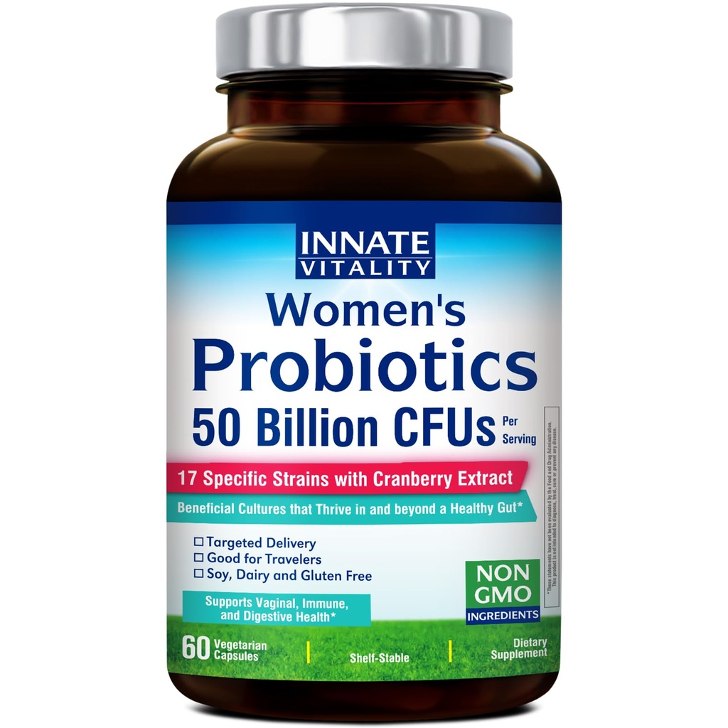 Vrozená Vitality Probiotika pro ženy, 50 miliard CFU, 17 Proven Strains, 60 Veggie Caps, Vyrobeno s prebiotika a Cranberry Extract, Non- GMO, Podporuje Vaginální, Digestivní a imunitní zdraví