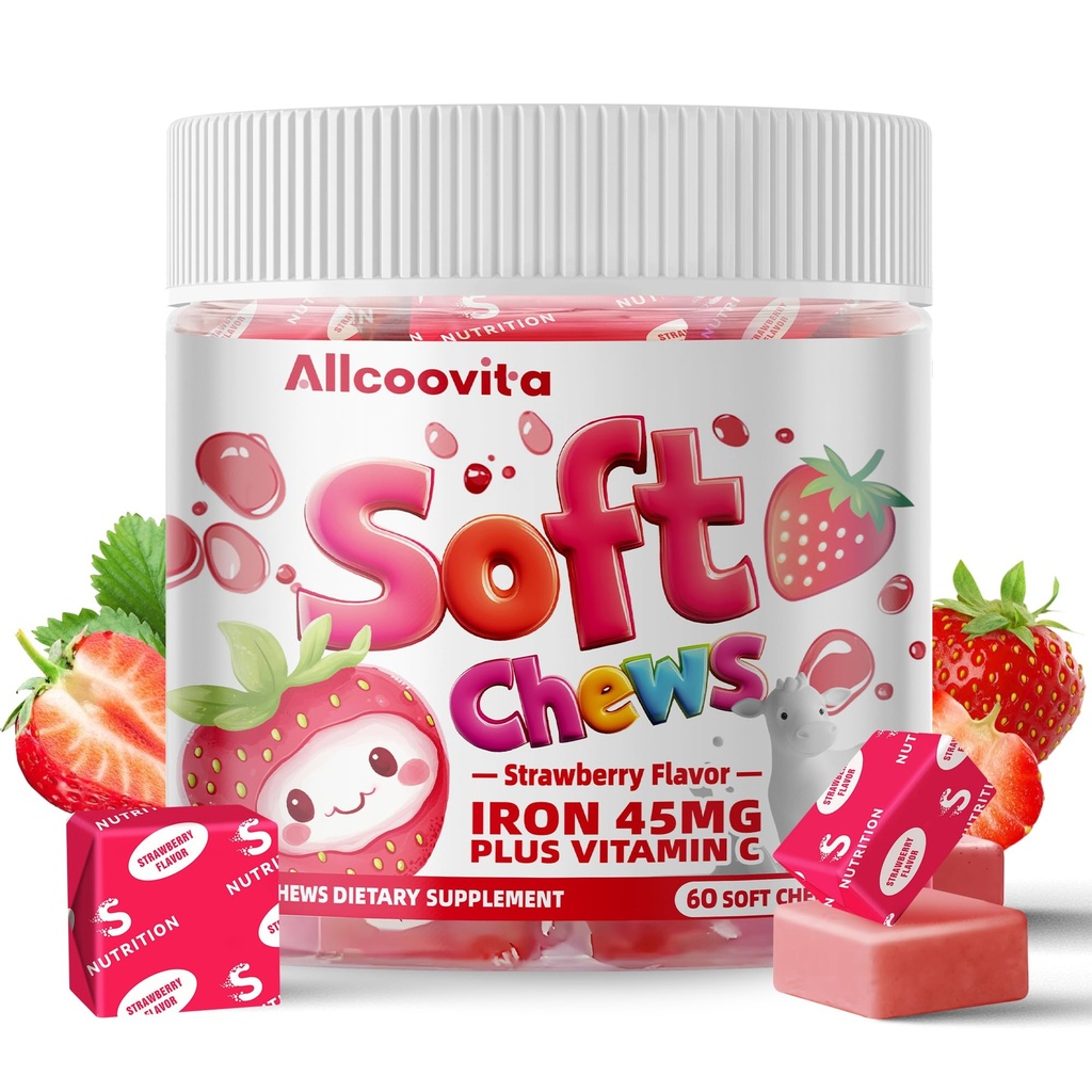Železo měkké Chews dodatek s vitamínem C 124; Jahodové ochucené 124; gluten zdarma 124; Železný dodatek pro ženy muži a děti 124; 60 Počet 124; 2 Měsíční dodávky