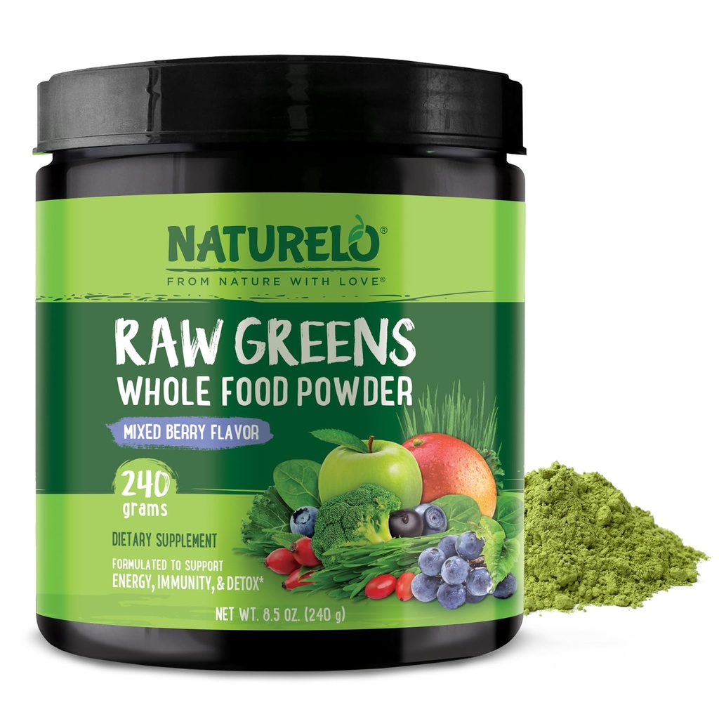 NATURELO Syrové zeleně Superfood Powder 240 Grams, Mixed Berry - Podporuje energii, imunitu a detox - Zahrnuje Spirulina, pšeničná tráva a organické zeleně pro celou výživu potravin