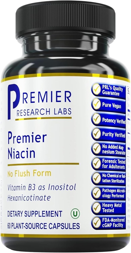 Premier Research Labs Niacin - Flush Free Niacin s Inositolem Hexanicotinátem, Niacin No Flush, B3 Niacinamid vitamin dodatek pro podporu krevního oběhu - 60 Vegetariánských kapslí