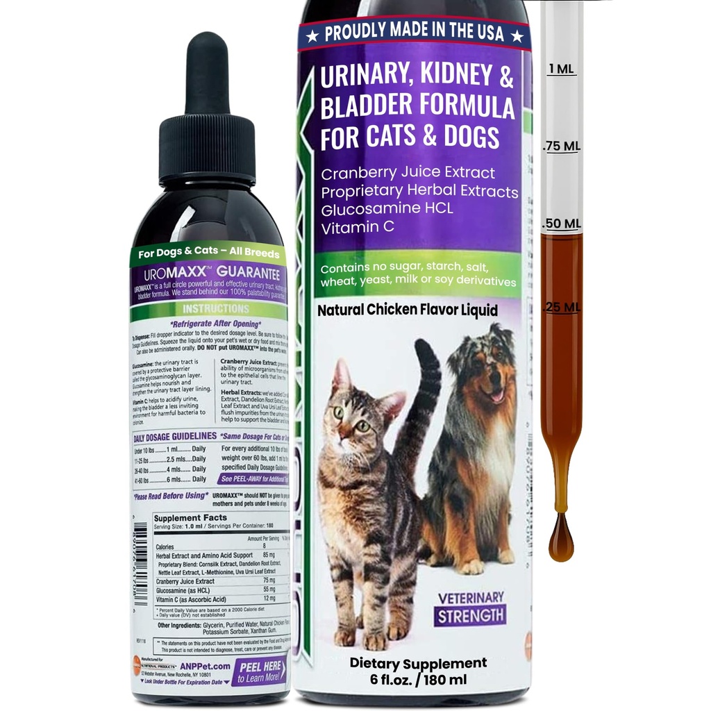 Kočka a pes Nutriční Trakt Léčba, močová měchýř & Ledviny Podpora pro psy a kočky, Výkonný, ale něžný Pet Care, s tekutou brusinkou & Glucosamine, kuřecí flavor, 6 oz láhev, 1 balení