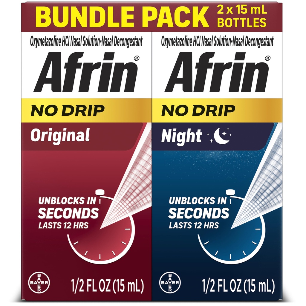 Afrin No Drip Original + Night Nasal Mist Bundle Pack, Non- Drowsy, Fast- acting Decongestant for Nasal Congestion and Sinus Pressure Relief, Dospělí a děti 6 a starší, .5 fl oz (Pack of 2)