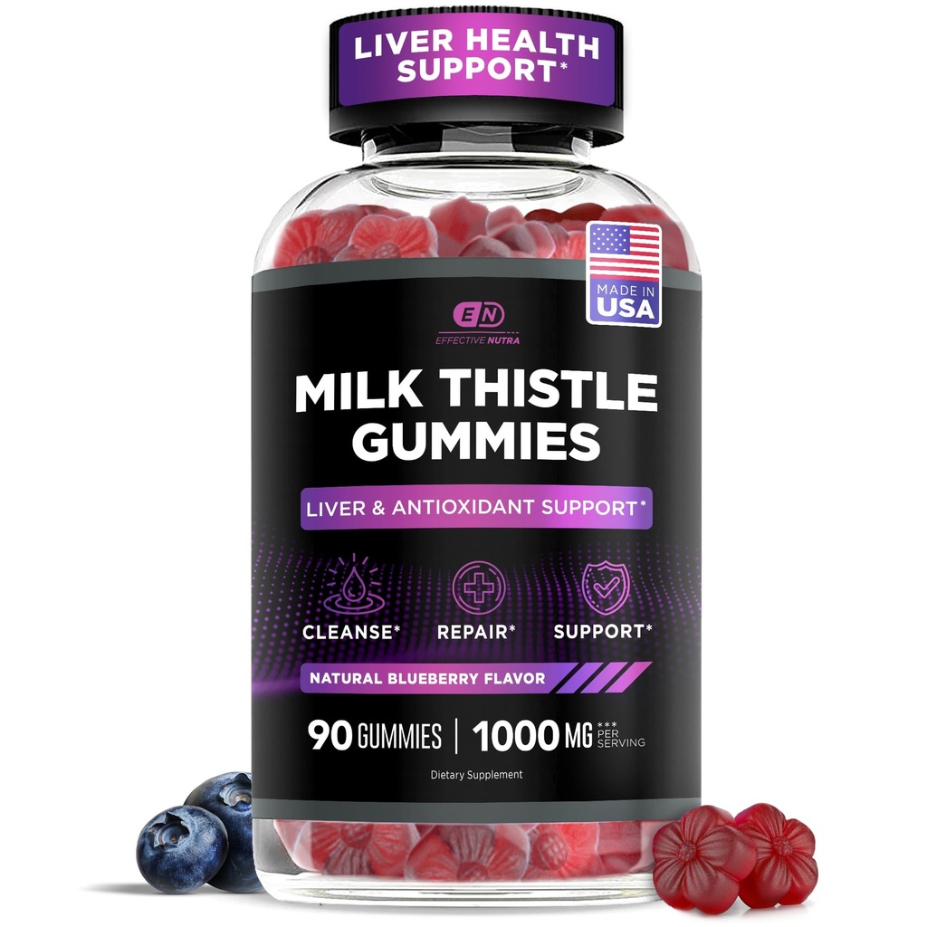 EFEKTIVNÍ NUTRA Mléko Thistle Gummies CLAS124; Sugar- Free Mléko Thistle Extract 1000mg pro Játra Detox & Antioxidant Support CLAS124; Vegan, gluten- Free CLAS124; 45- Day Supply, Natural Berry Flavor, Made in USA (90 Count)