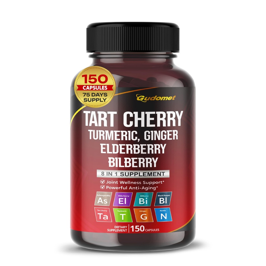 Tart Cherry Turmeric Ginger Stinging Ashwagandha Elderberry Bilberry Black Pepper - 150 Capsules - Made in USA