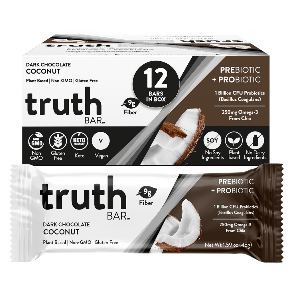 Truth Bar Zdravý Snack, Omega 3 z Chia, Plant based, Prebiotika & Probiotika, Vysoká vlákna, Nízký cukr, Keto, Kosher, Tmavá čokoláda, Vegan, Gluten Free, 12 Ct, 45g ea.