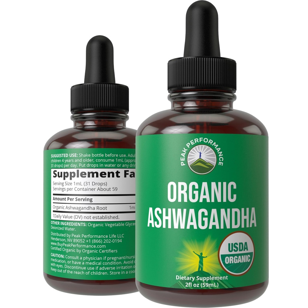 Ashwagandha Liquid Drops. USDA Organic Vegan dodatek. Extra síla Ashwagandha Root Extract pro ženy, muže, děti. Nulový cukr, organické, gluten zdarma tinktura doplňky.