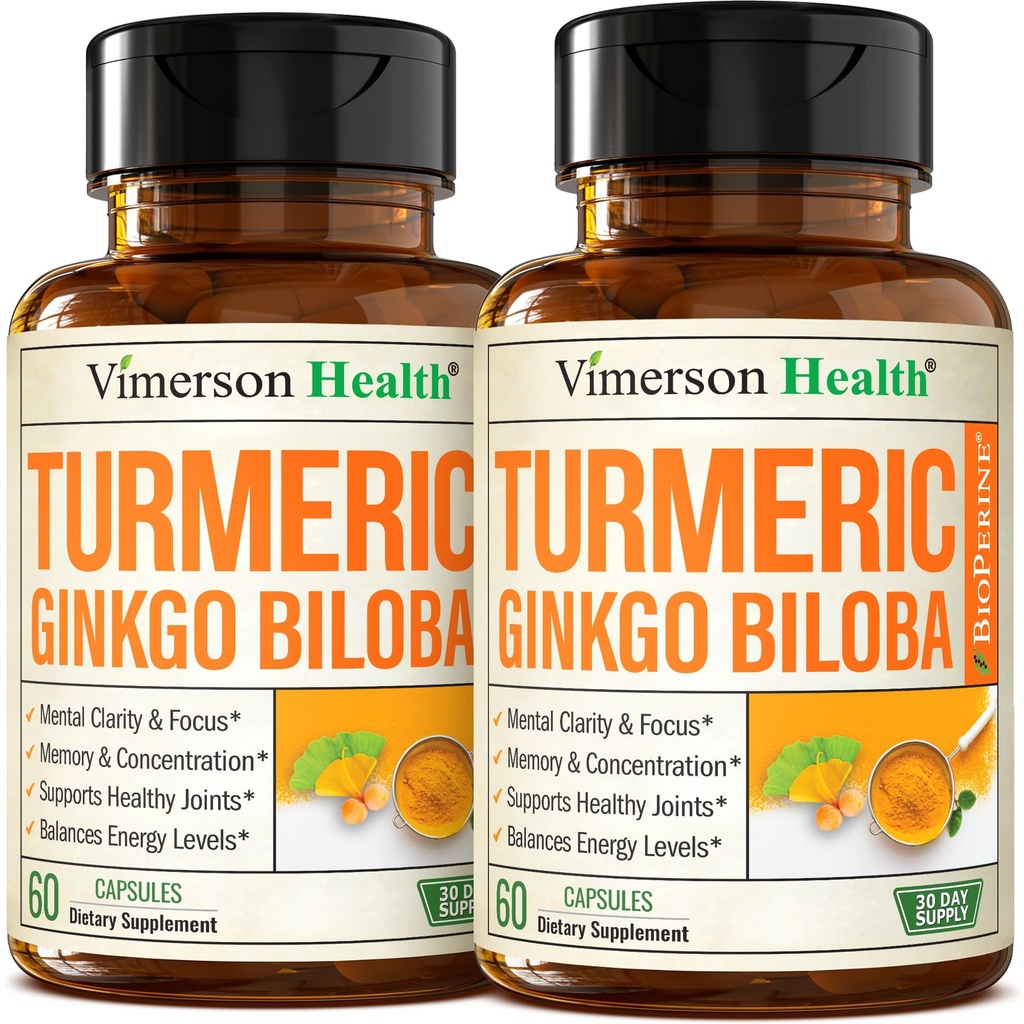 Ginkgo Biloba and Turmeric Curcumin Supplement w / Black Pepper & Organic Tumeric - Přírodní Turmeric Supplement for Focus, Memory, Joint & Brain Health - Vegan Ginko Biloba Kapsle w / Curcuma - 2 Pack