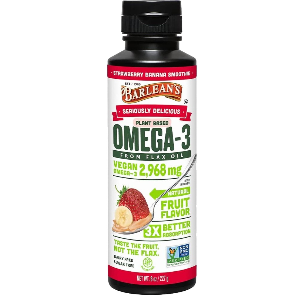 Barlean 's Strawberry Banana Flaxseed Oil Liquid, Vegan Omega 3 6 9 Doplňky pro děti a dospělé od Cold Pressed Flax Seed Oil s 2,968 mg Vegan Omegas, Non- GMO & Gluten Free, 8 oz