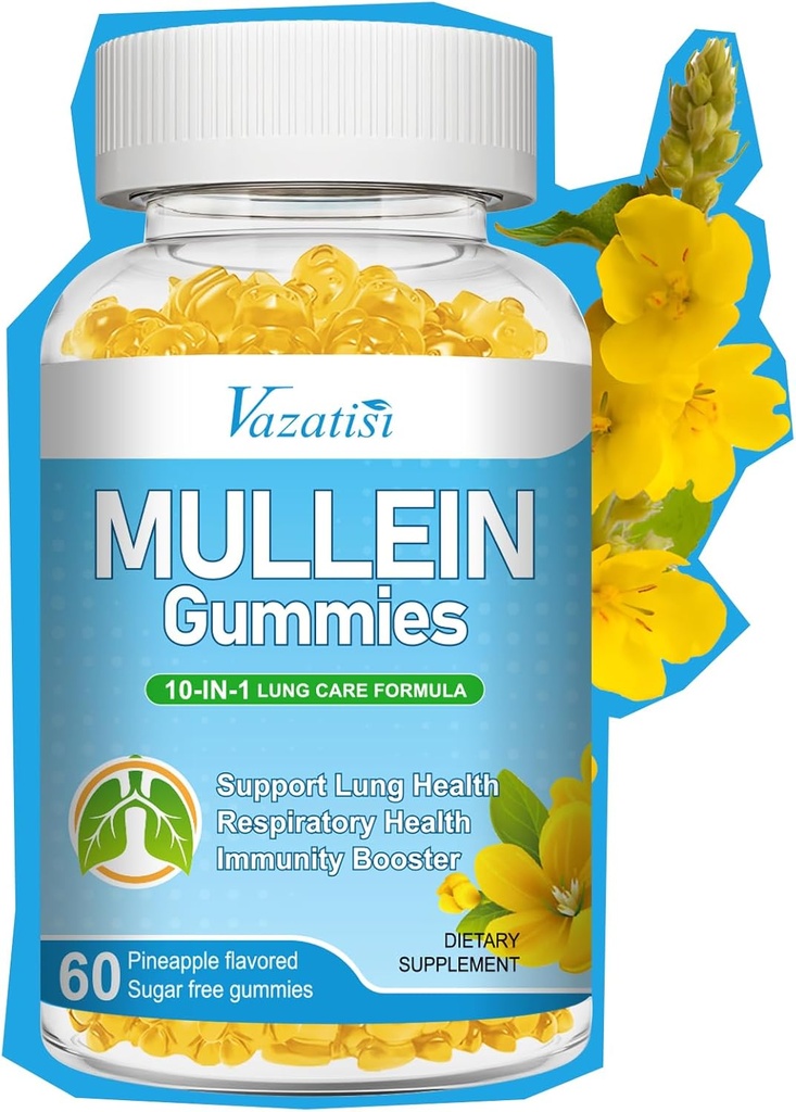 10 v 1 Mullein Gummies for Lungs, Mullein Leaf Extract with Bromelain, Quercetin, Magnesium - Podpora lunga čištění pro zdravé dýchání, 60ct