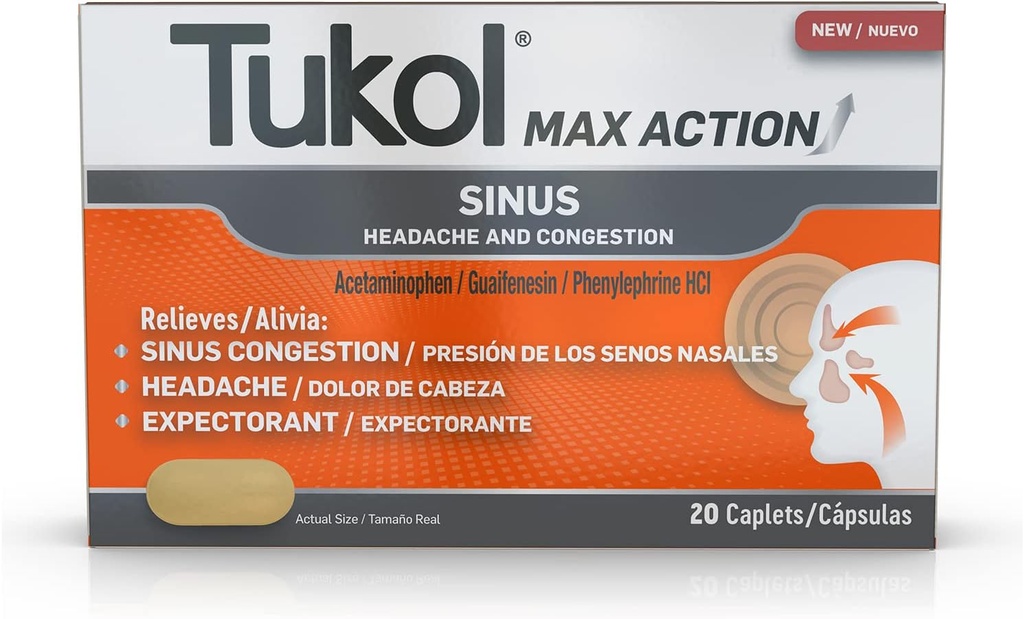 TUKOL Max akční sinus, zácpa a tlak kapesníky pro bolest, bolest hlavy úlevu, Expectorant, Non- Drowsy, 20 Počet
