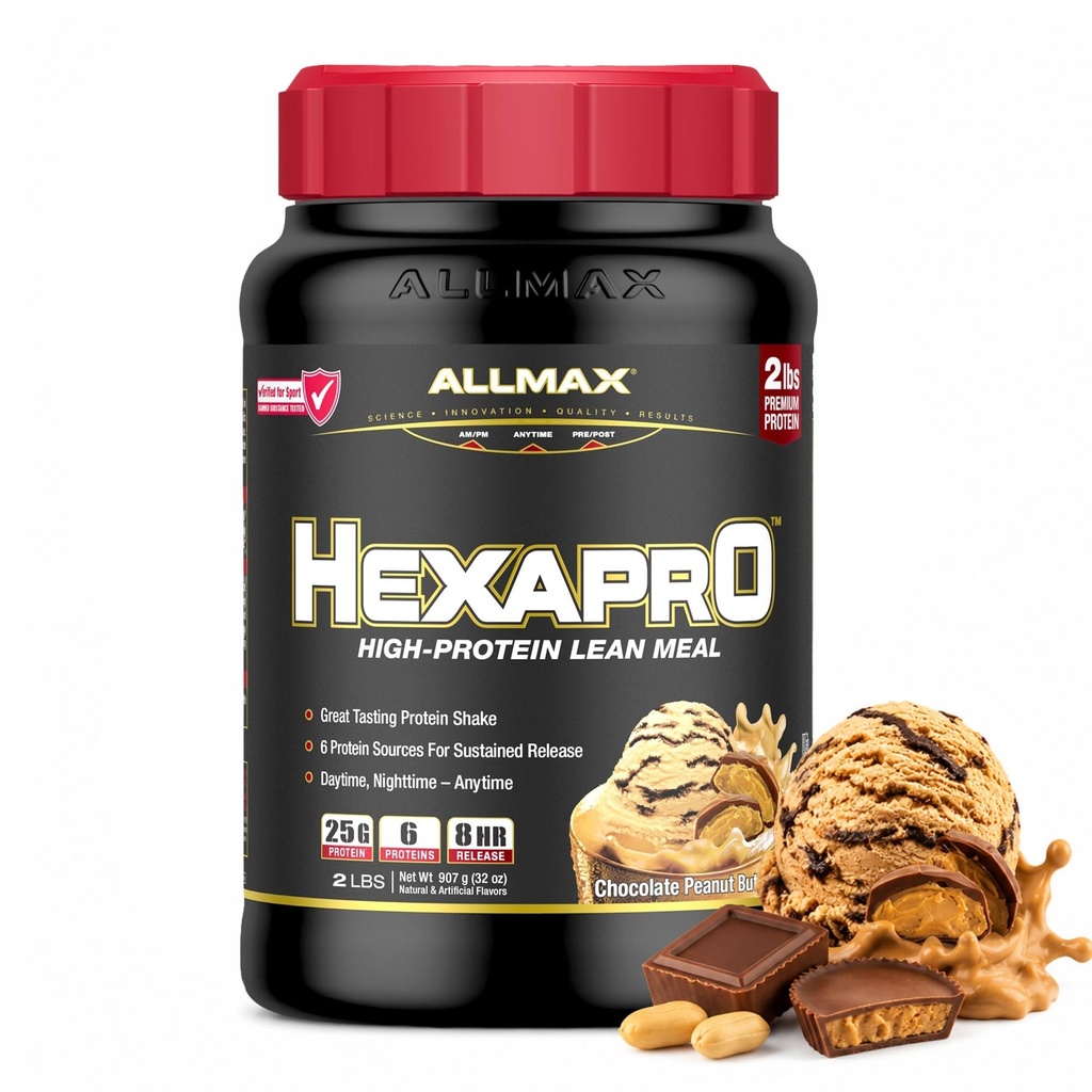 ALLMAX HEXAPRO, Čokoládové arašídové máslo - 2 libry - 25 gramů proteinu per servírování - 8hodinová trvalá verze - nulový cukr - 21 porcí