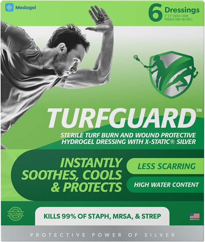 TURFGUARD Hydrogel Turf Burn Dressing with X- Static Silver - Cooling Relief, FDA Cleared, Antimikrobiální ochrana, & Moist Healing Patch for Burns & Wounds, 2 "x 3" Dressings, 6 Pack, podle Medagel