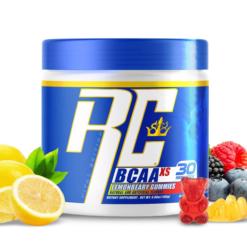 Ronnie Coleman je BCAA XS Powder s EAA, Branched Chain Amino Acids Post cvičení Muscle Recovery, Hydratační nápoj zdarma pro ženy a muže, Lemonbeary Gummies, 30 Služeb