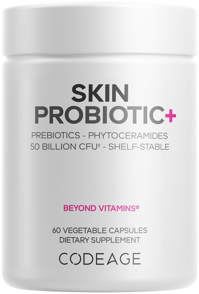 Codeage kůže Probiotika + Prebiotika - Péče o pleť Rutinní dodatek - 50 Miliardy CFU - Ayurvedic Botanická Byliny - Face Probiotika - Stabilní čistič, Non- GMO, Vegan - 60 Kapsle