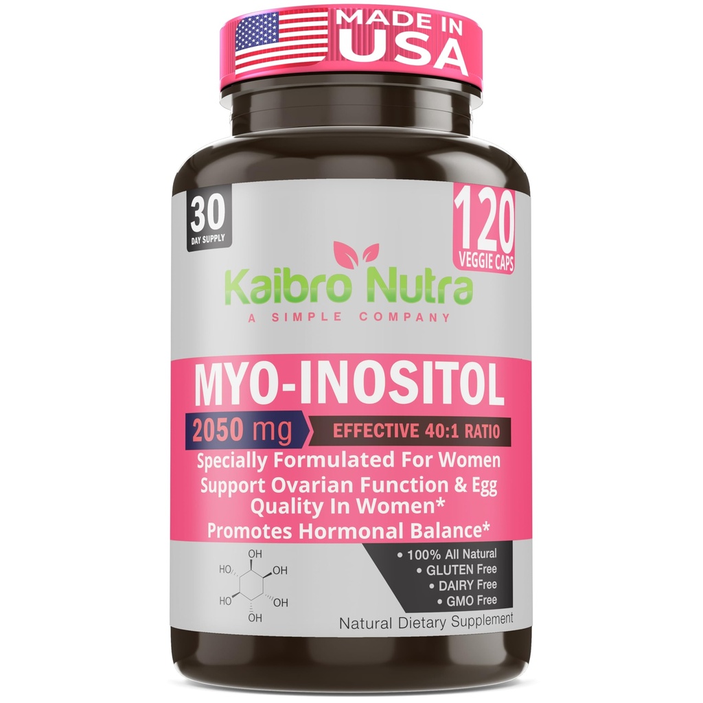 Kaibro Nutra Myo-Inositol dodatek, Myo-Inositol & D- Chiro Inositol 40: 1 Poměr, Hormonová rovnováha a ovariální podpora žen s vitaminem B8, 2050mg, Vegan, Non- GMO kapsle 120 Počet
