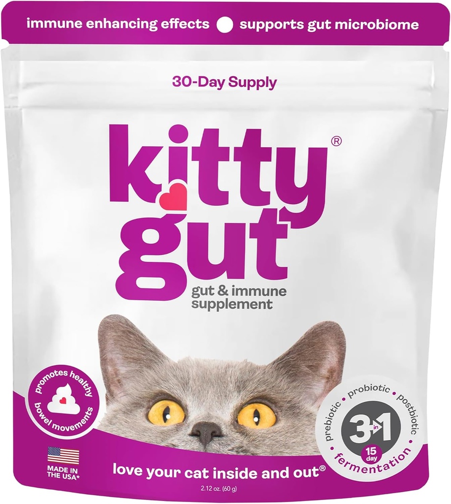 KittyGut 3-in-1 Organic Cat Probiotics & Postbiotic Supplement Powder- Made in USA- Probiotics for Cats Promote Gut Health and Cat Digestive Support, Průjem a Zvracení (60g)