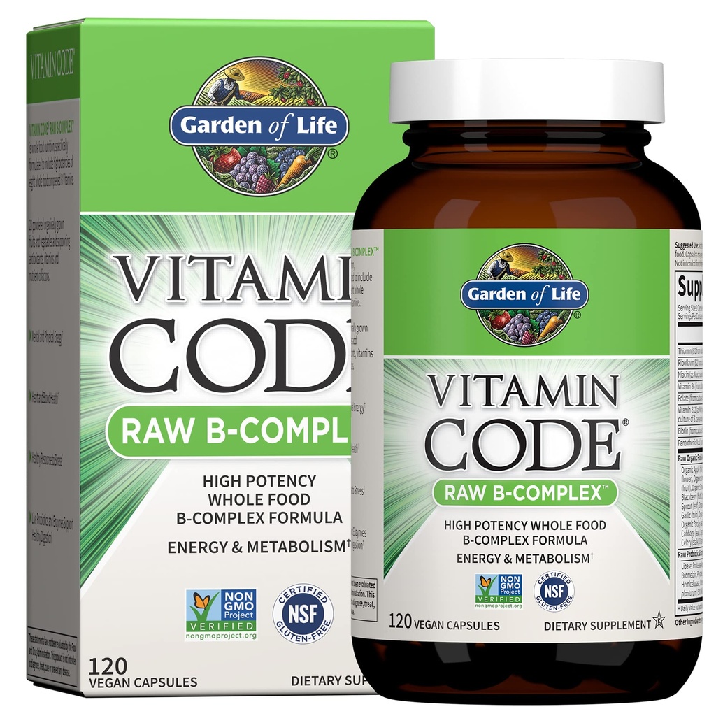 Zahrada života vitamin B Komplex, 120 Vegan Kapsle, High potency Vitamíny pro energii a metabolismus s B6, Folát & B12 jako methylkobalamin Plus Probiotika
