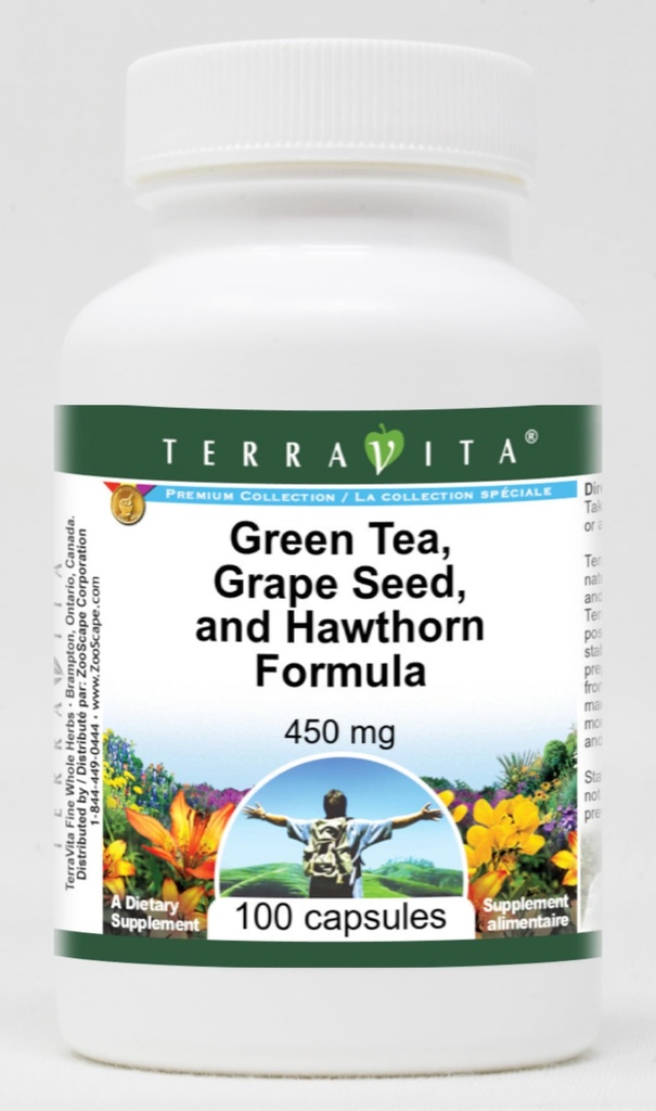 Podpora vysokého krevního tlaku - Zelený čaj, Grape Seed a Hawthorn - 450 mg (100 kapslí, ZIN: 517080)