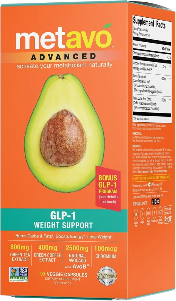 Metavo Advanced Weight Support - Přírodní dietní doplňky s esenciální výživou pro podporu wellness, obohacené o avokádo, Zelený čaj, Chrom & Green Coffee, 90 Easyto- spolknout dietní pilulky