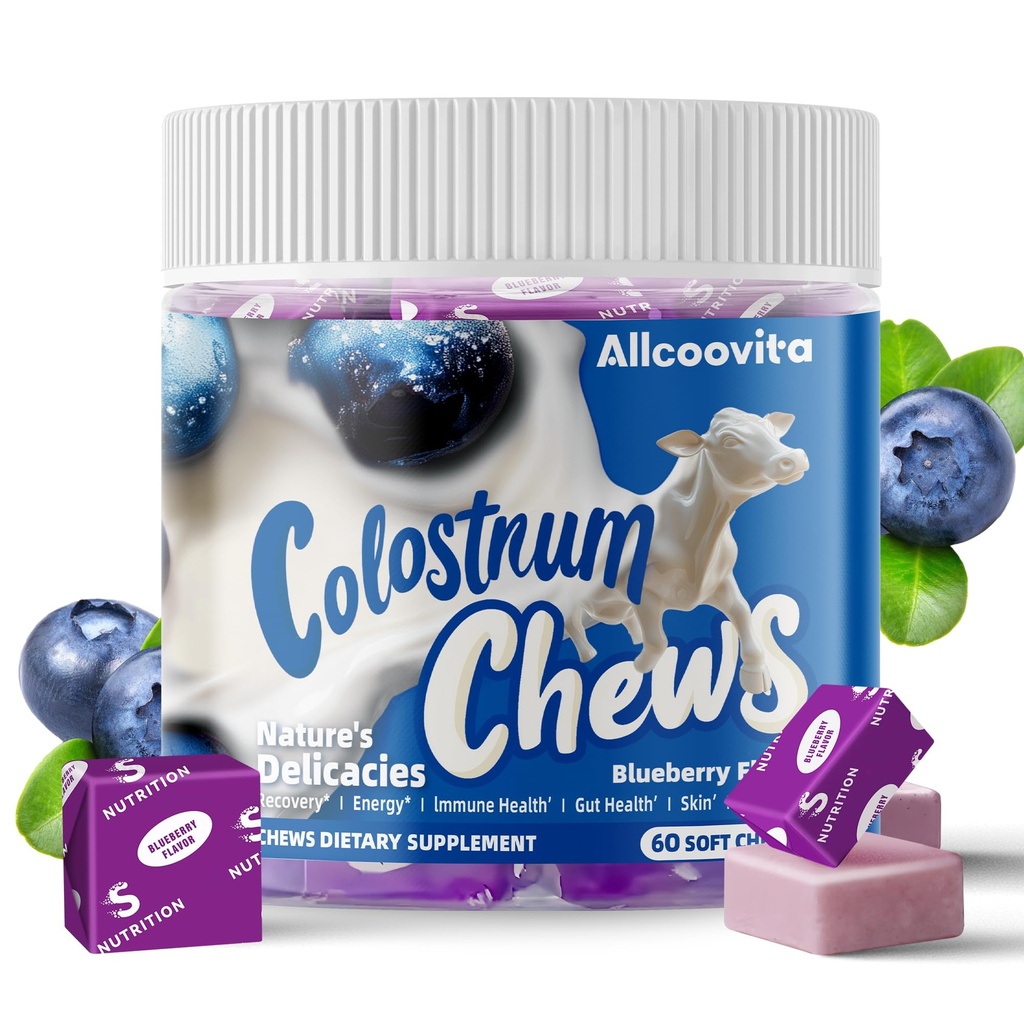 Bovine Colostrum Chews dodatek s probiotika pro Gut zdraví, nadýmání, imunitní podpora, kůže, růst vlasů a krása - Blueberry Flavor (60 Služeb)