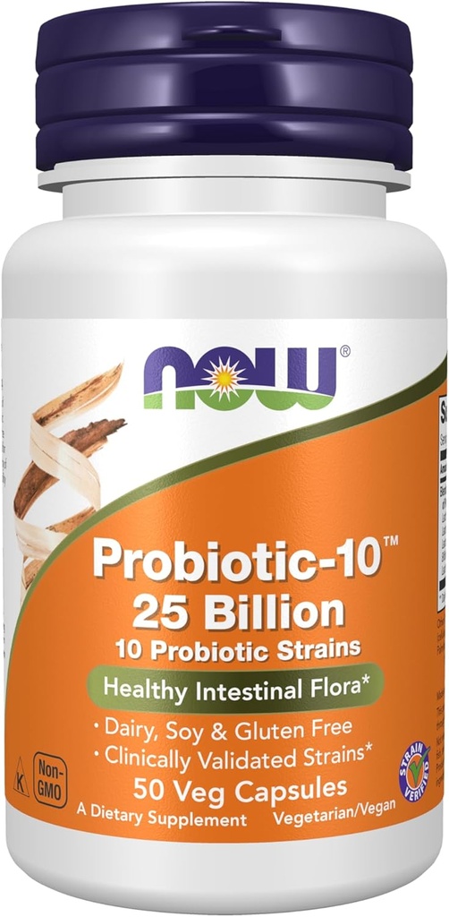 Nyní Potraviny Doplňky, Probiotic- 10 ™, 25 Milionů, s 10 Probiotické srážky, mléčná, sójová a gluten zdarma, Stuin ověřený, 50 Veg Kapsle