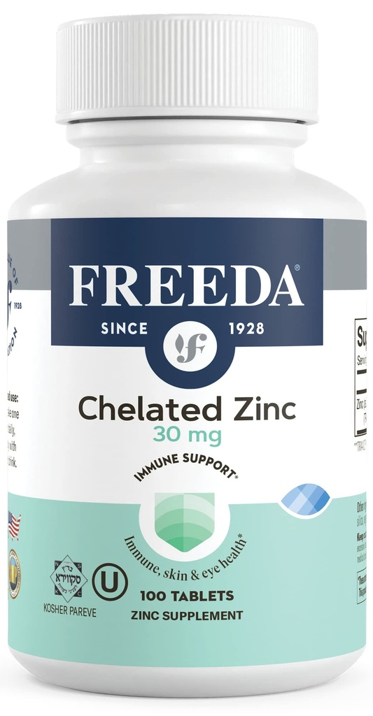 Freeda Chelated Zinc 30mg - TRAACS ® Zinek Bisglycinát pro vysokou absorpci - Vegan, Kosher, Gentle on Stomach - Imunitní podpora pro dospělé, muže a ženy - 100 malých tablet