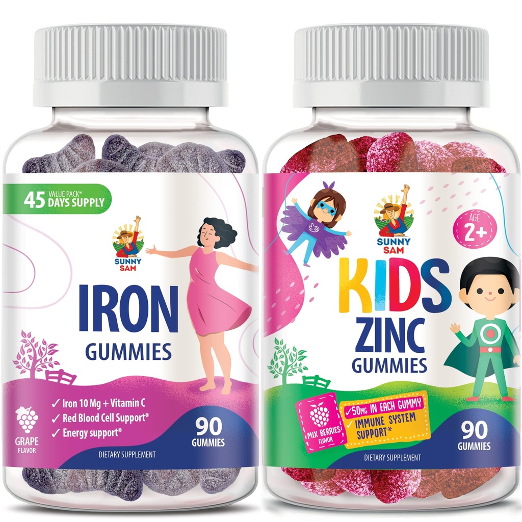 SUNNY SAM Zinkové gumy pro děti & Železné gumy pro dospělé, Železné vitaminy s vitaminem C