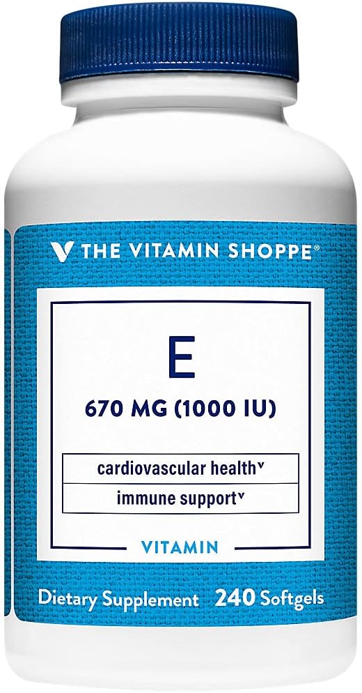 Vitamin Shoppe Vitamin E 1.000IU - Přírodní zdroj, podporuje zdravý kardiovaskulární systém, imunitní zdraví a oční zdraví - jednou denně (240 Softgels)