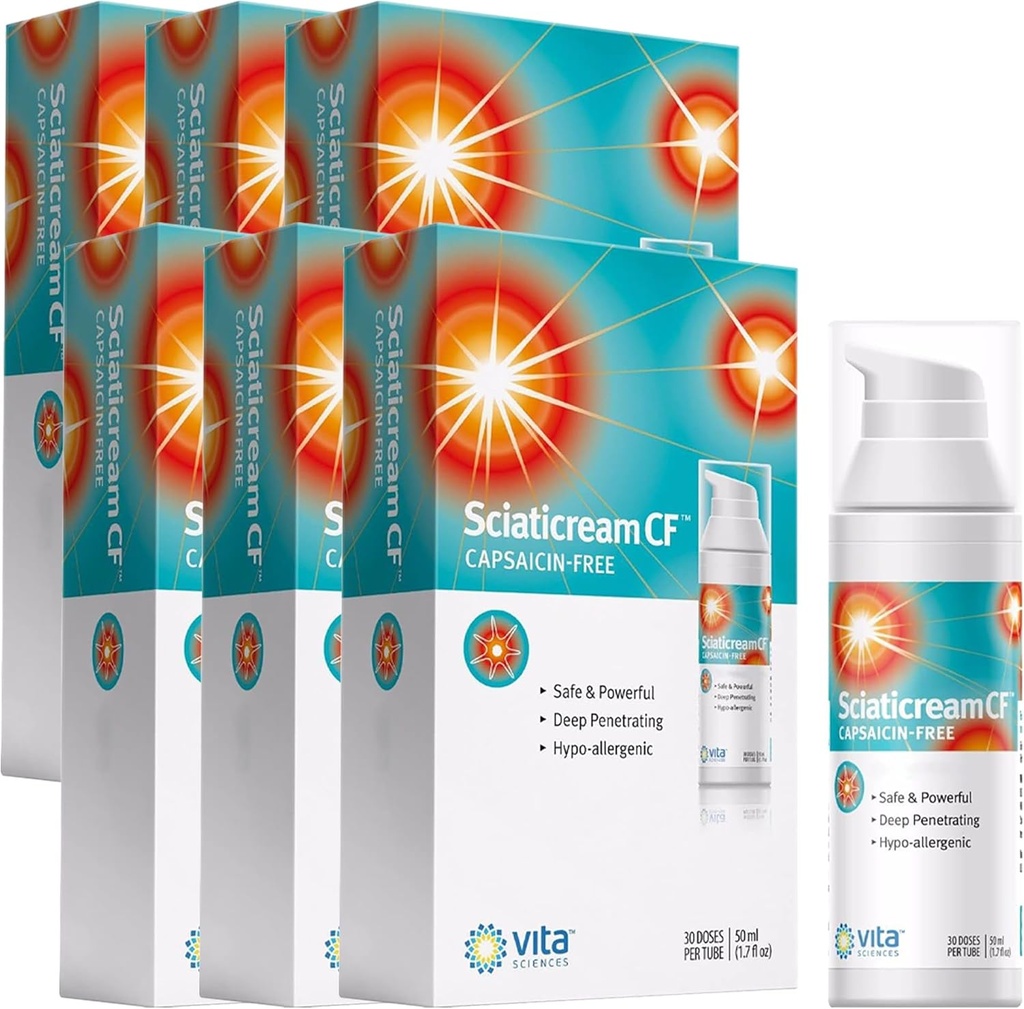 Vita Sciaticream CF: Rapid Soothing Cream for Sciatic Nerve with Arnica, B1, B5, B6, MSM, Aloe and Coconut Oil Base. Capsaicin-FREE. Rychlé hraní sedací formule - balení po 6
