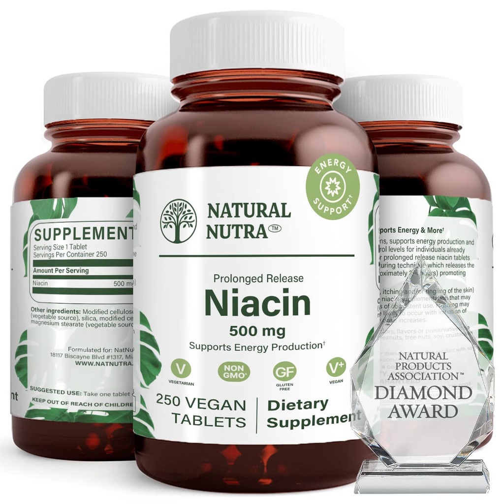 Natural Nutra Time- Release Slow Niacin 500mg (Vitamin B3), Podpora zdraví cholesterolu, Podporuje kardiovaskulární zdraví, podporuje kožní buňky a zlepšit kognitivní funkce, 250 Vegan tablety